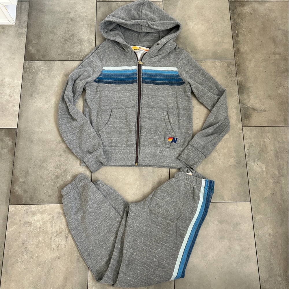 Aviator Nation 5 stripe zip hoodie and matching jogger sweatpants gray blue XS